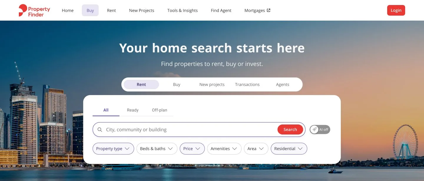 The Property Finder homepage hero: a city skyline photo, the line Your home search starts here, tabs for Rent, Buy, New projects, Transactions and Agents, and a search box with filters