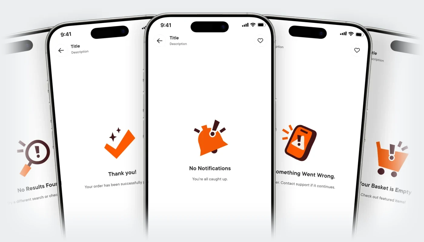 Five phone screens with illustrated empty states