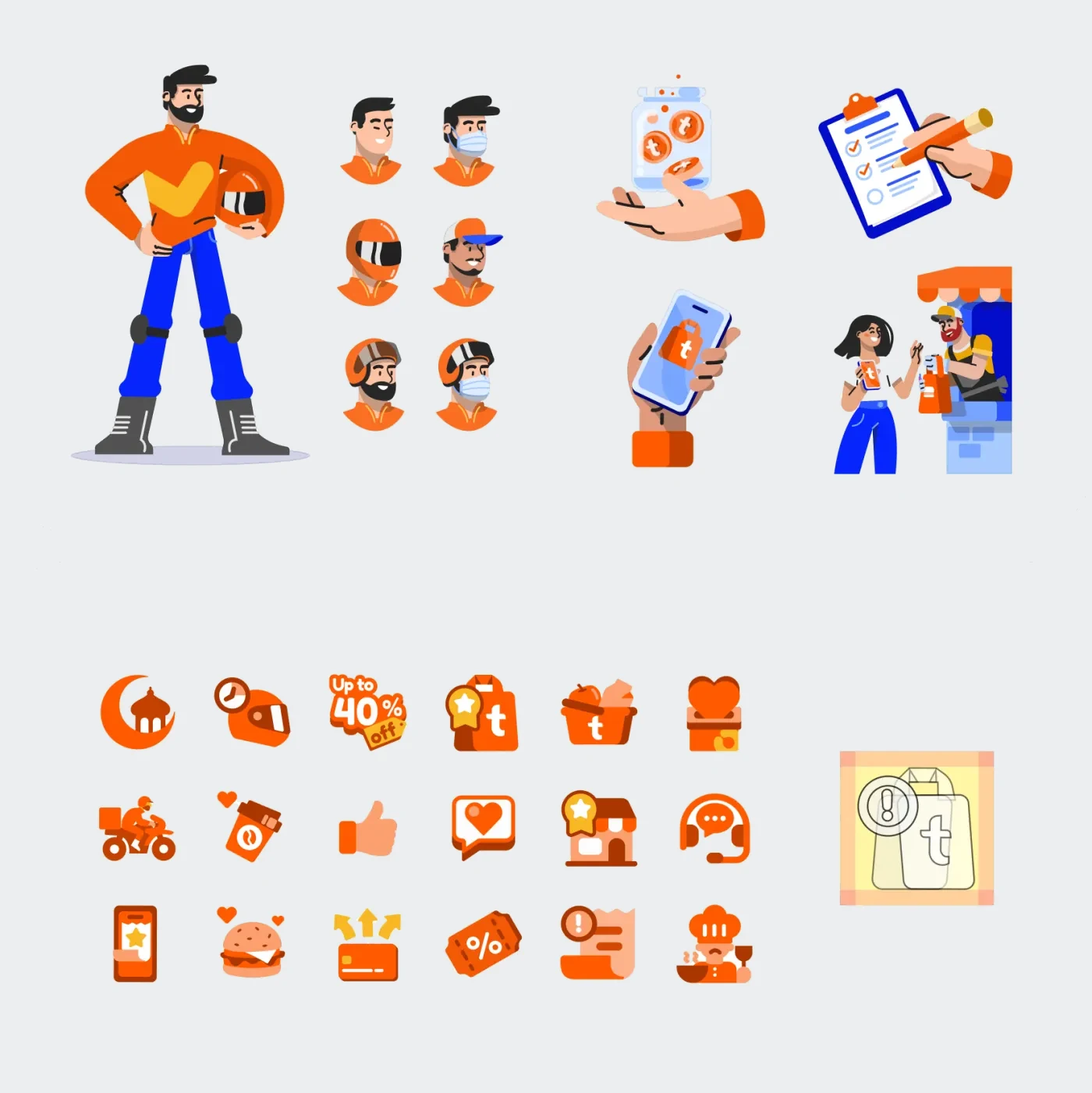 New-brand characters, a rider and customers, with matching icons