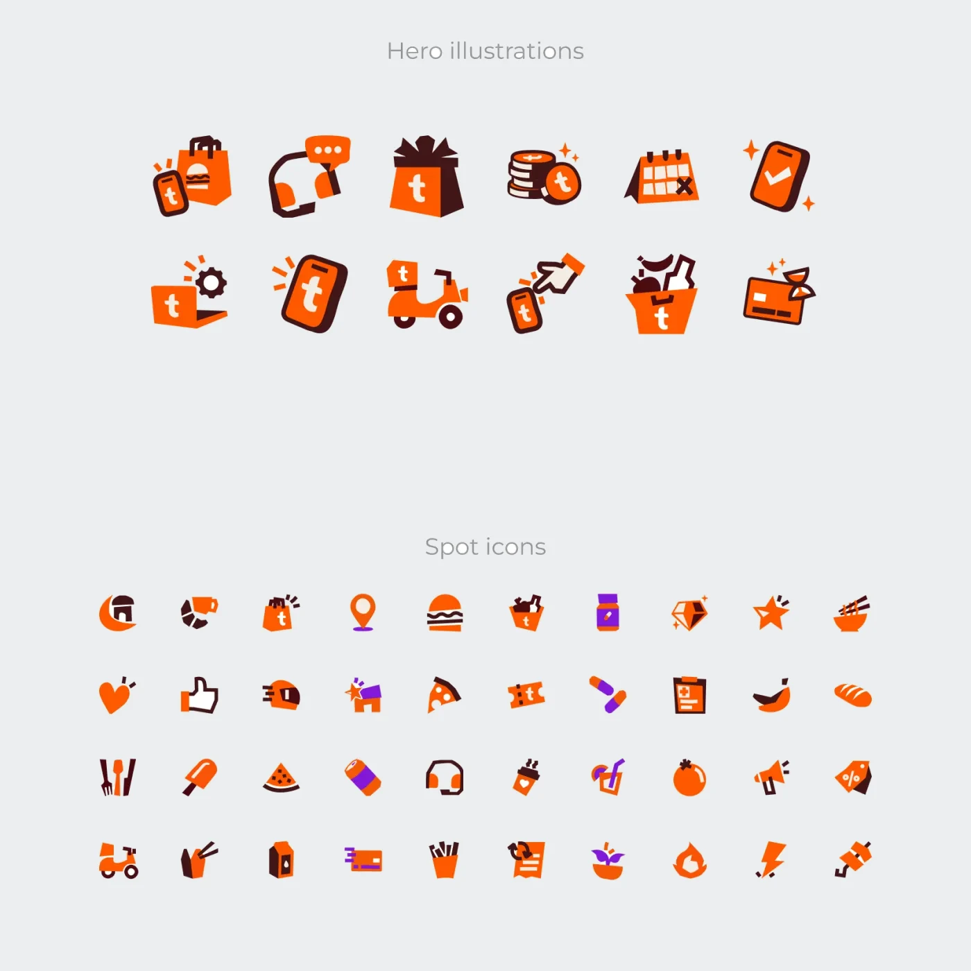 New-brand hero illustrations and a grid of spot icons