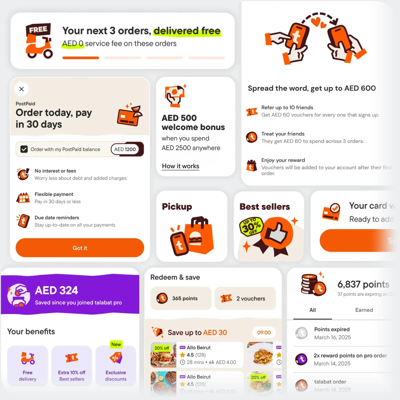 talabat rewards, referral and benefits screens