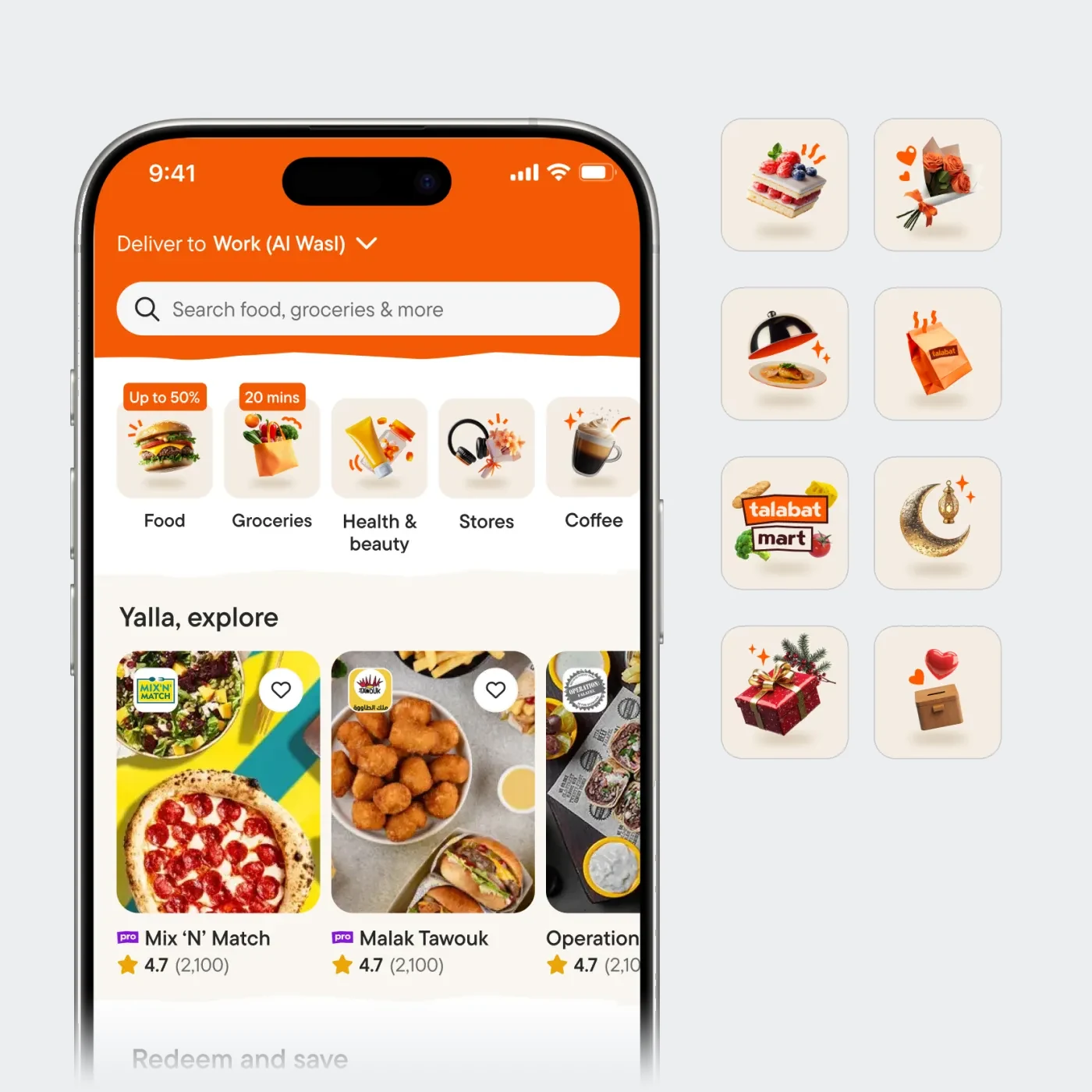 talabat home screen with realistic icons for each vertical, and a set of those icons