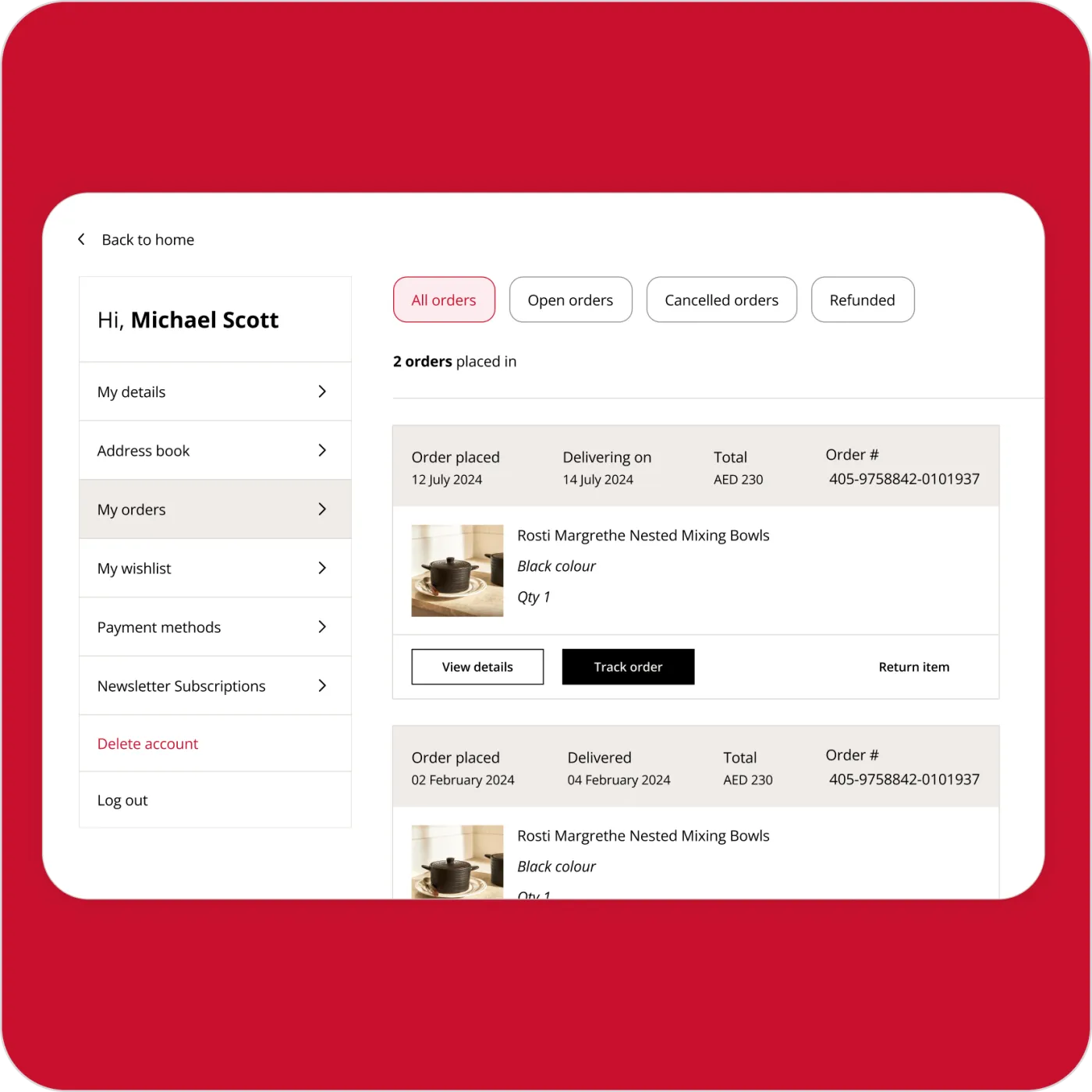 Tavola account page with orders