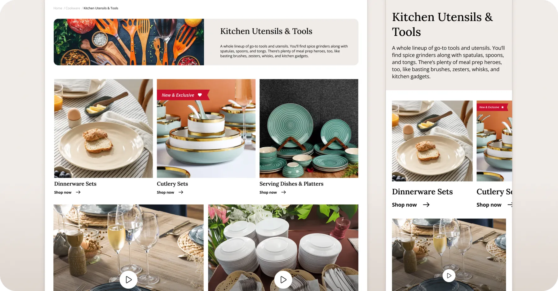 Tavola collection pages for kitchen utensils and dinnerware