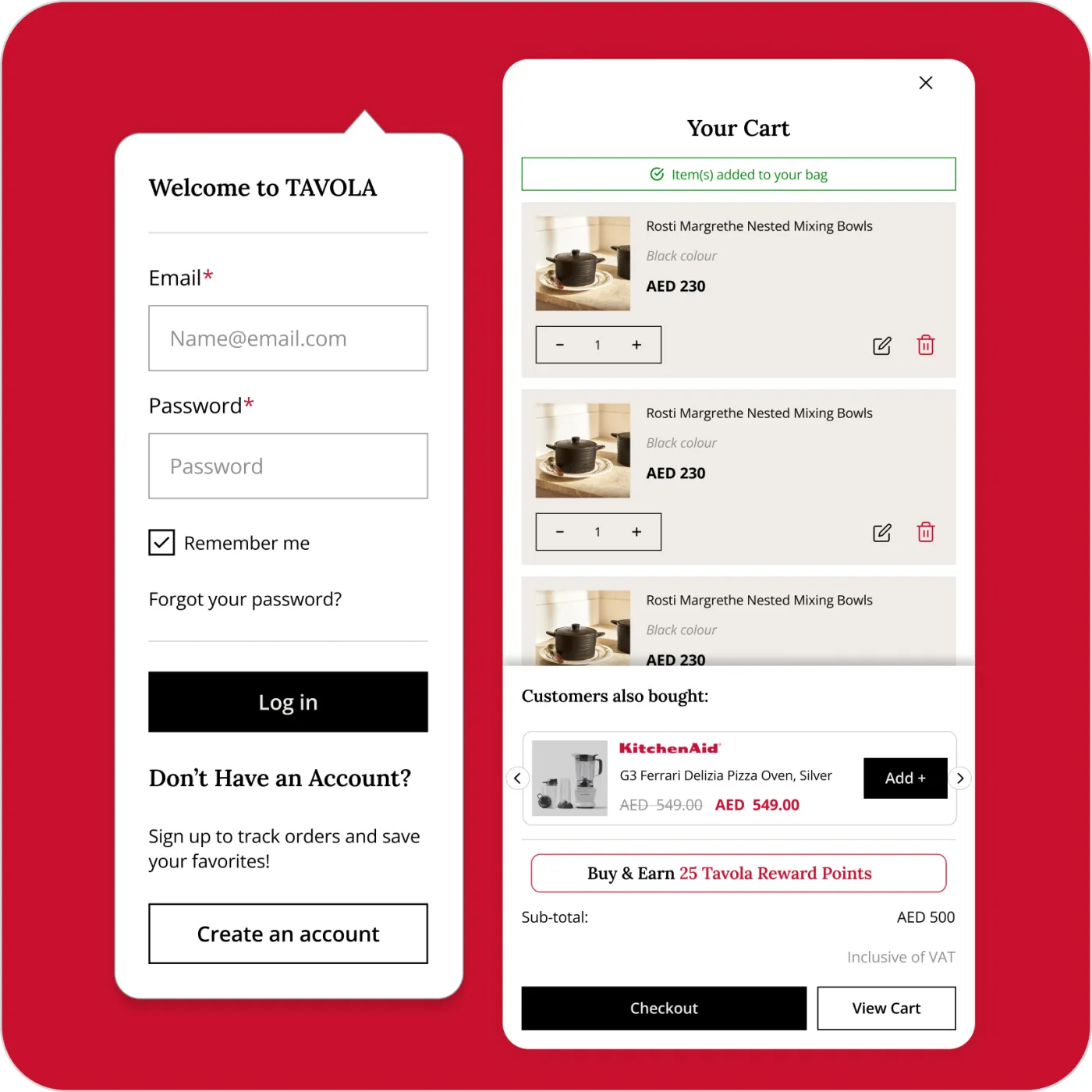 Tavola sign-in and cart screens