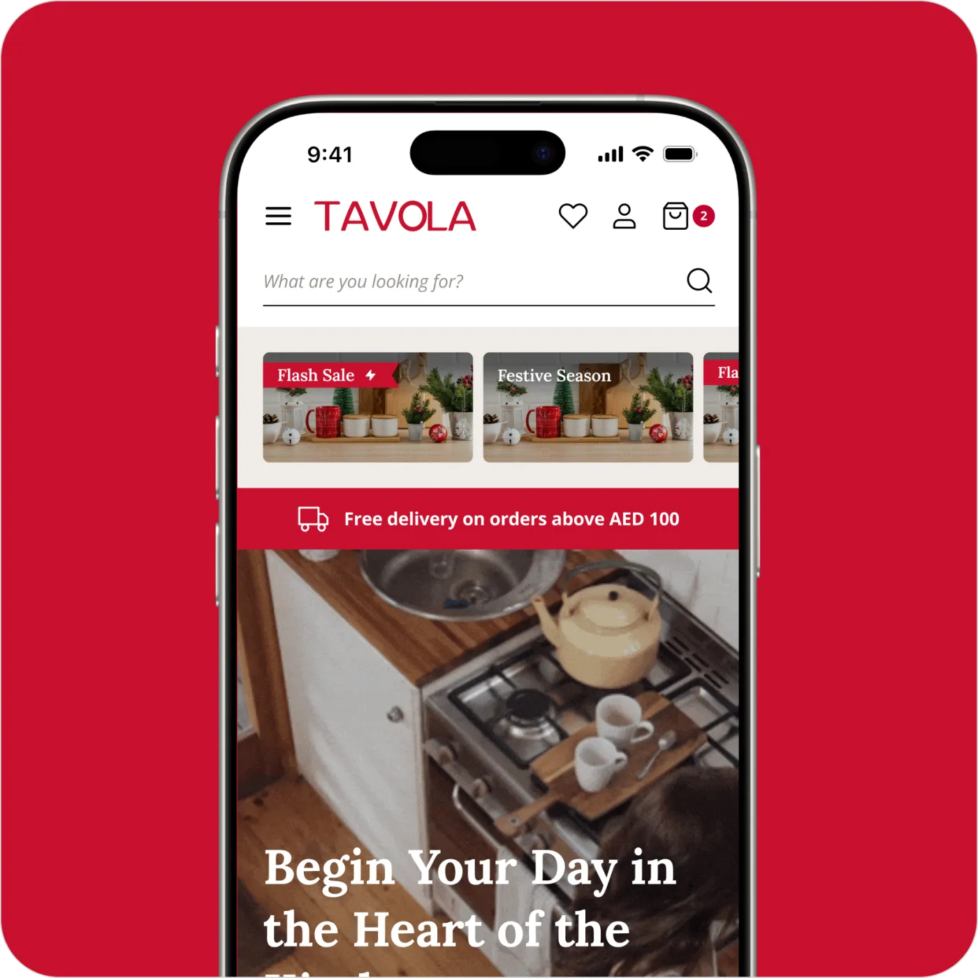 Tavola mobile home page with a flash sale and free delivery banner