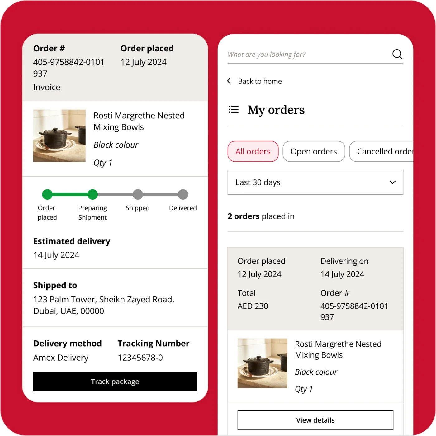 Tavola order detail with delivery tracking
